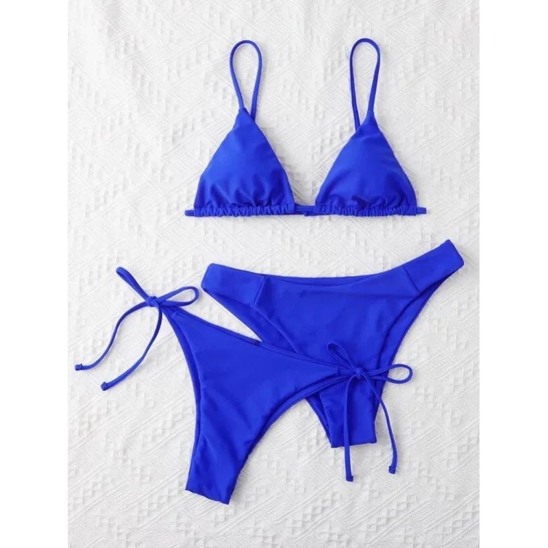 Sexy 3 Piece Bikini Set Women Solid Blue Purple Push Up Bandage Triangle Swimsuit Brazilian Beach