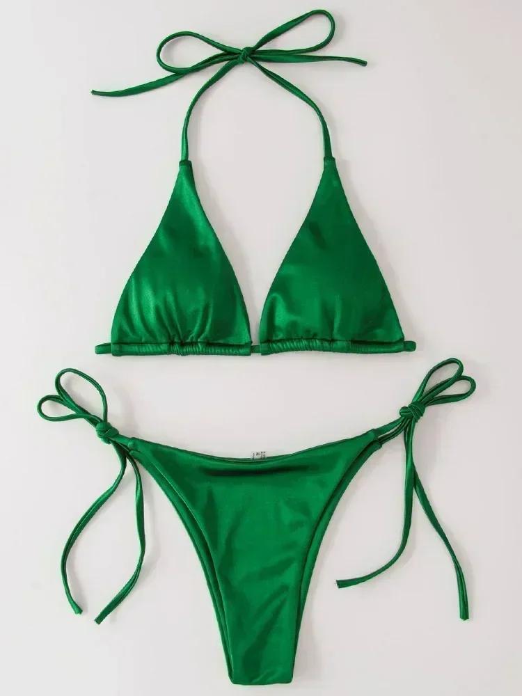Halter Brazilian Metallic Satin Bikini Women Swimwear Female Swimsuit Two-pieces Bikini Set High Cut