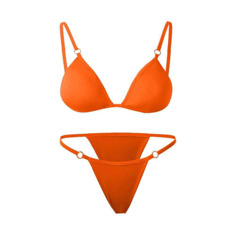 Ladies Sexy Solid Color Sling Bikini Set Metal Buckle Decorated Brazilian Swimwear Beach Vacation