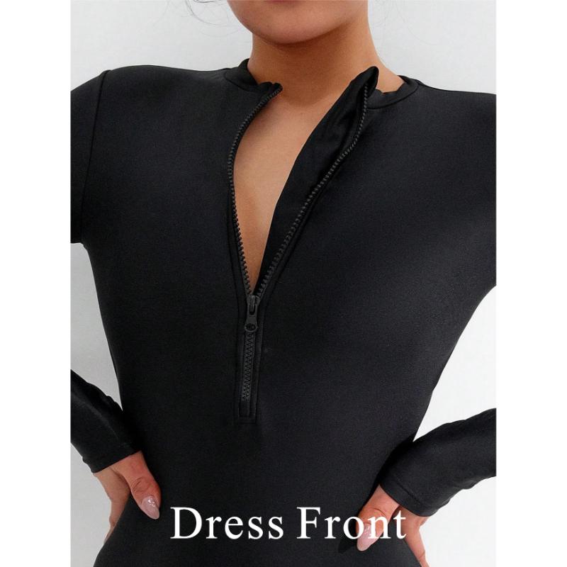 2026 Summer Women Solid Color Long Sleeve Conservative One Piece Swimsuit Chest Front Zipper Black