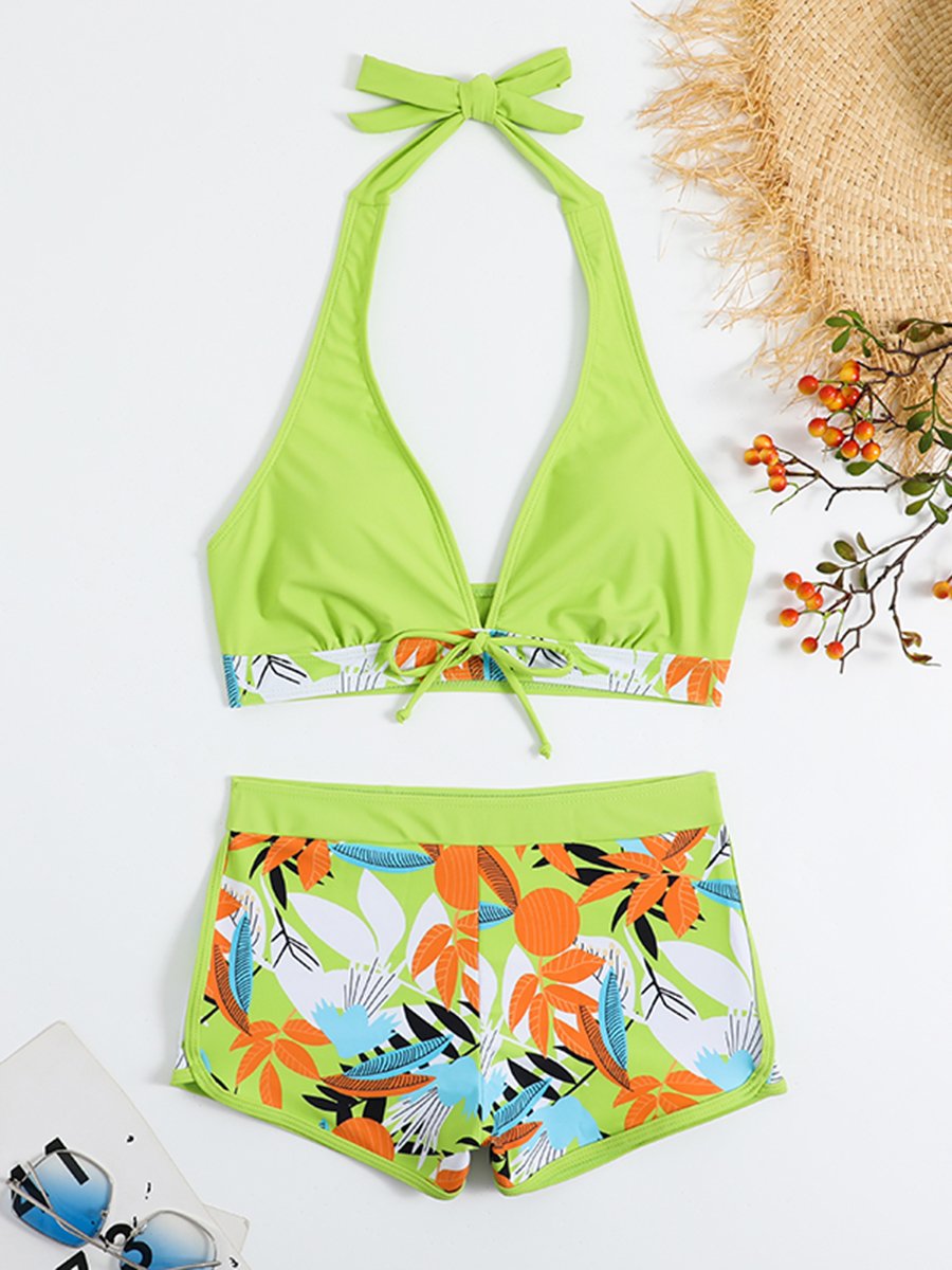 2026 Halter Bikini Set Short Swimsuit Women High Waist Swimwear Female Printed Bathers Swimming