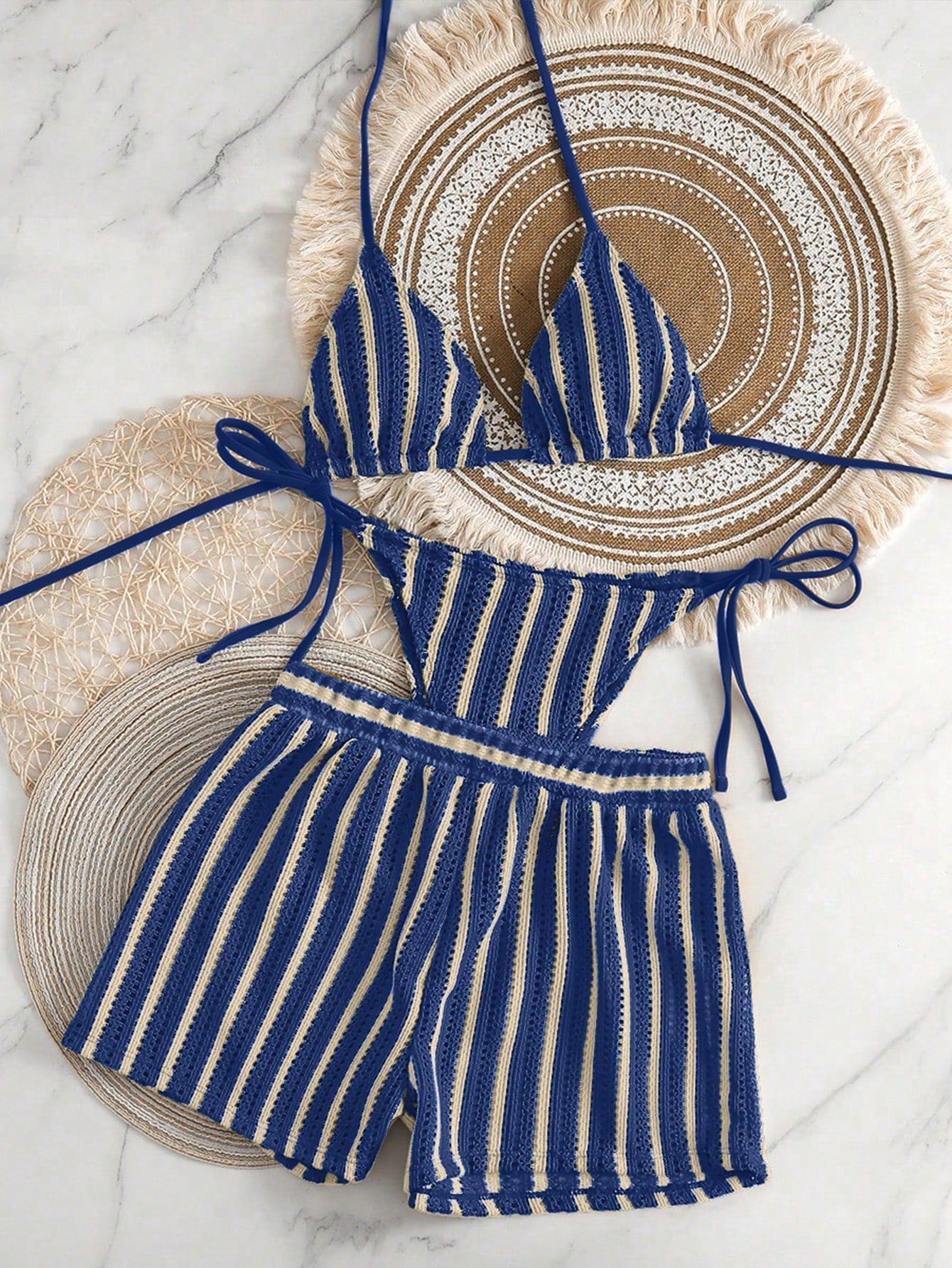 Sexy Green Orange Striped Bikini Set Women Halter Push Up High Waist Panties 3 Piece Swimsuit 2026