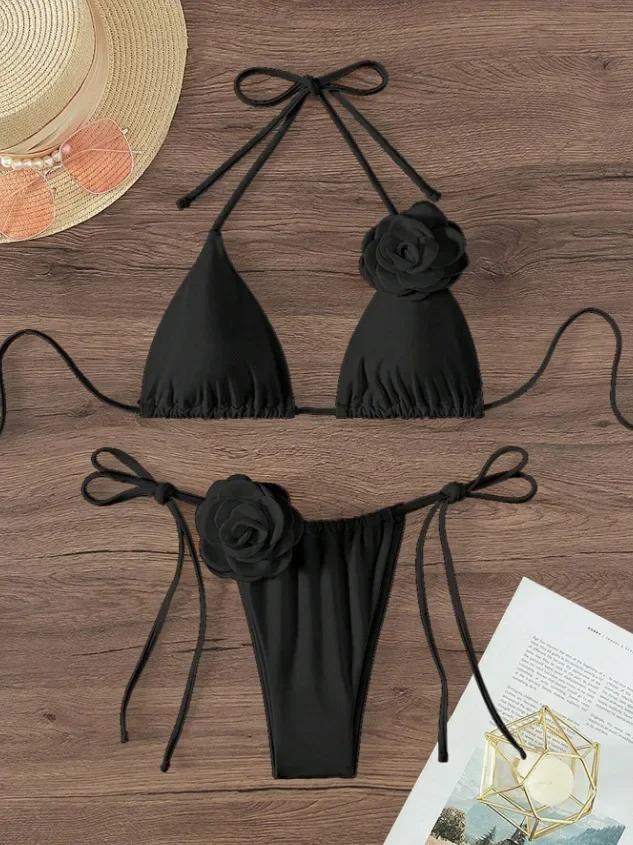 S - L Sexy 3D Flowers Halter Strappy Bikini Women Swimwear Female Swimsuit Two-pieces Bikini Set