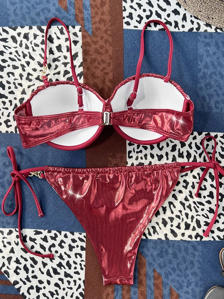 Shiny PU Leather Underwired Bra Cup Bikini Women Swimwear Female Swimsuit Two-pieces Bikini Set Push