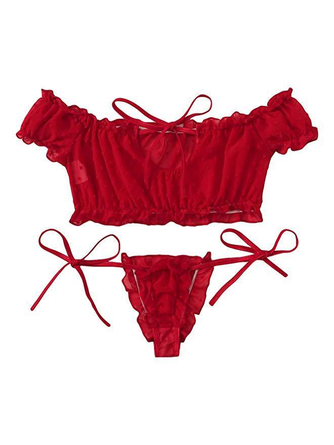 2PCS Off Shoulder Lace Up Bikini Set Women Sweet Casual Short Sleeve Swimsuits Beachwear Bathing