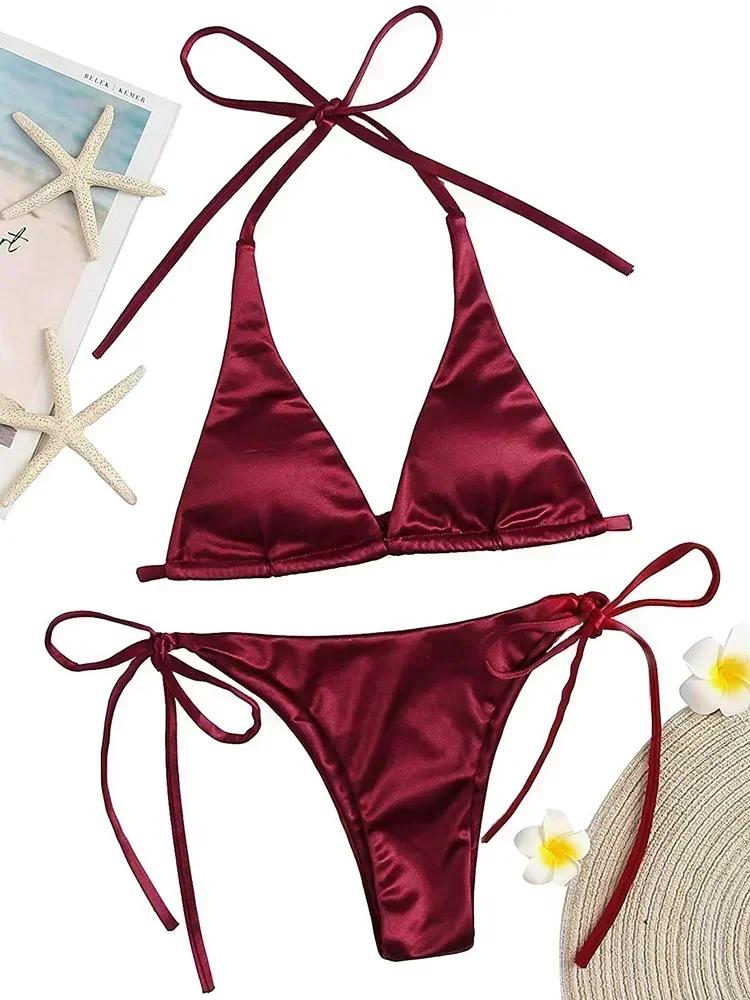 Halter Brazilian Metallic Satin Bikini Women Swimwear Female Swimsuit Two-pieces Bikini Set High Cut