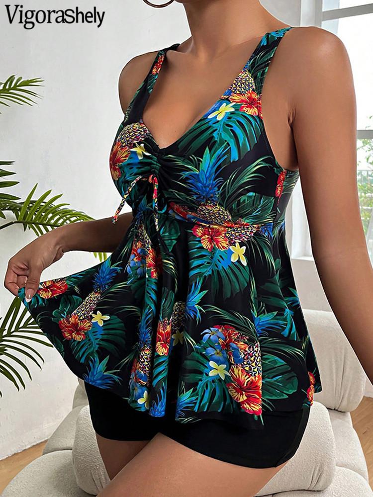 Vigorashely Sexy 2026 Print Tankini Set Women Strapped Push Up Swimsuit High Waist Beach Swimwear