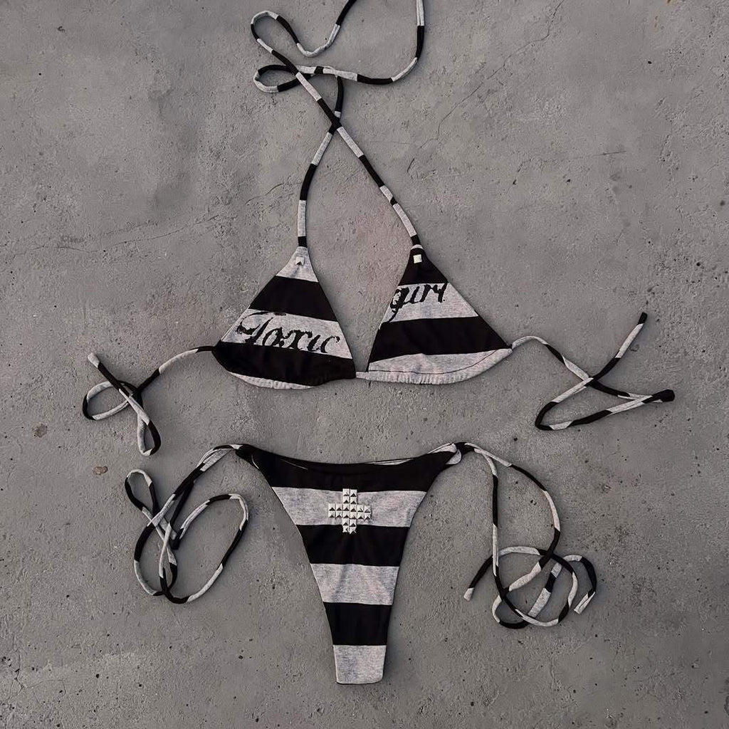 Black Grey Stripe Bikini Set Women 2026 "Toxic Girl" Graphic Studded Cross Halter Neck Y2K Aesthetic