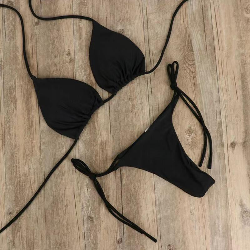 Solid Color Tie-Side G-String Bikini Set Breathtaking Bathing Suit with Feminine Bandage Design Sexy