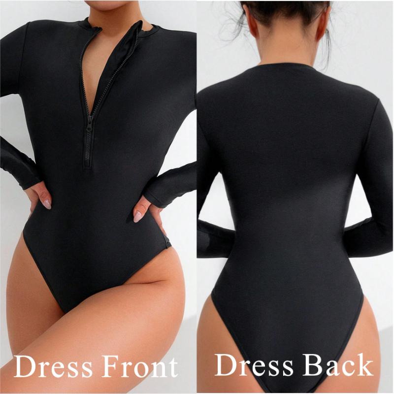 2026 Summer Women Solid Color Long Sleeve Conservative One Piece Swimsuit Chest Front Zipper Black