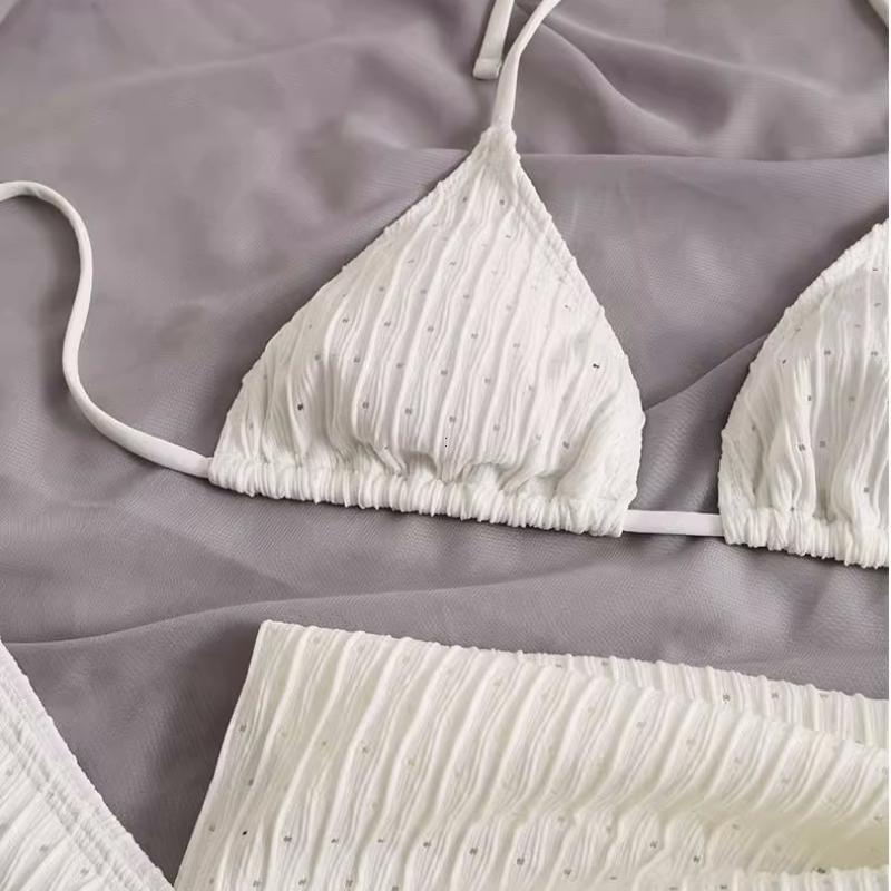 2026 Summer Halter Bikini 3 Pieces sets Women swimsuit Sexy Thong Swimwear With Sarong Skirt White