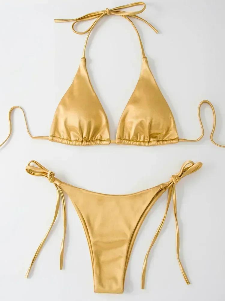 Halter Brazilian Metallic Satin Bikini Women Swimwear Female Swimsuit Two-pieces Bikini Set High Cut