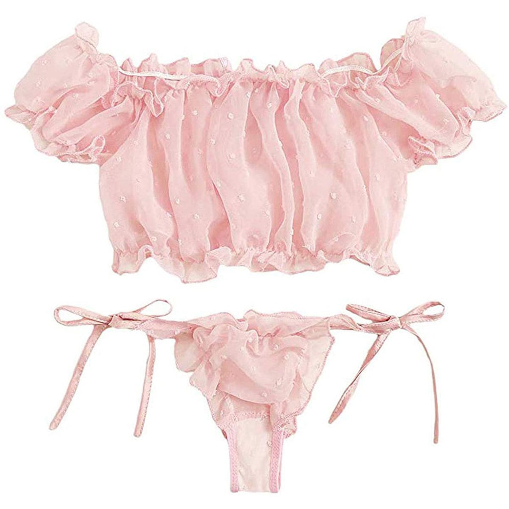 2PCS Off Shoulder Lace Up Bikini Set Women Sweet Casual Short Sleeve Swimsuits Beachwear Bathing
