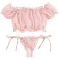 2PCS Off Shoulder Lace Up Bikini Set Women Sweet Casual Short Sleeve Swimsuits Beachwear Bathing