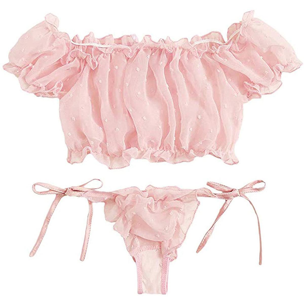 2PCS Off Shoulder Lace Up Bikini Set Women Sweet Casual Short Sleeve Swimsuits Beachwear Bathing