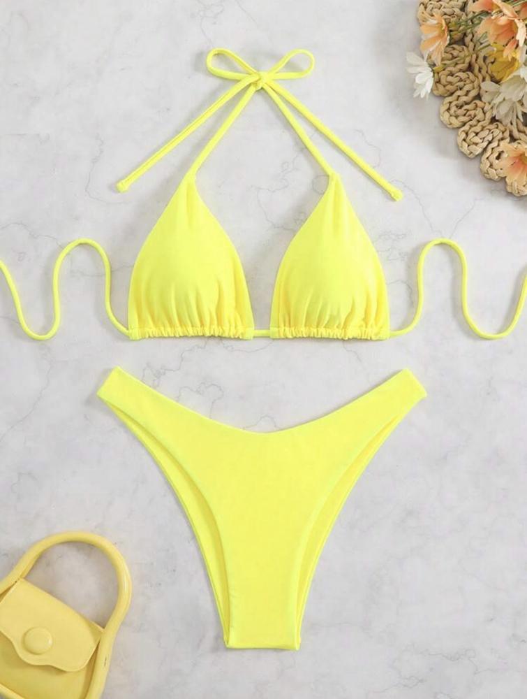 2026 Women White Bikini Chest Padded New Sexy Halter Bikini Two-Piece Set With Drawstring Straps