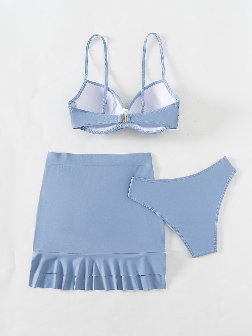 Women's Sky Blue Three Piece Swimsuit Solid Color V-neck Underwire Bikini Set Beach Vacation