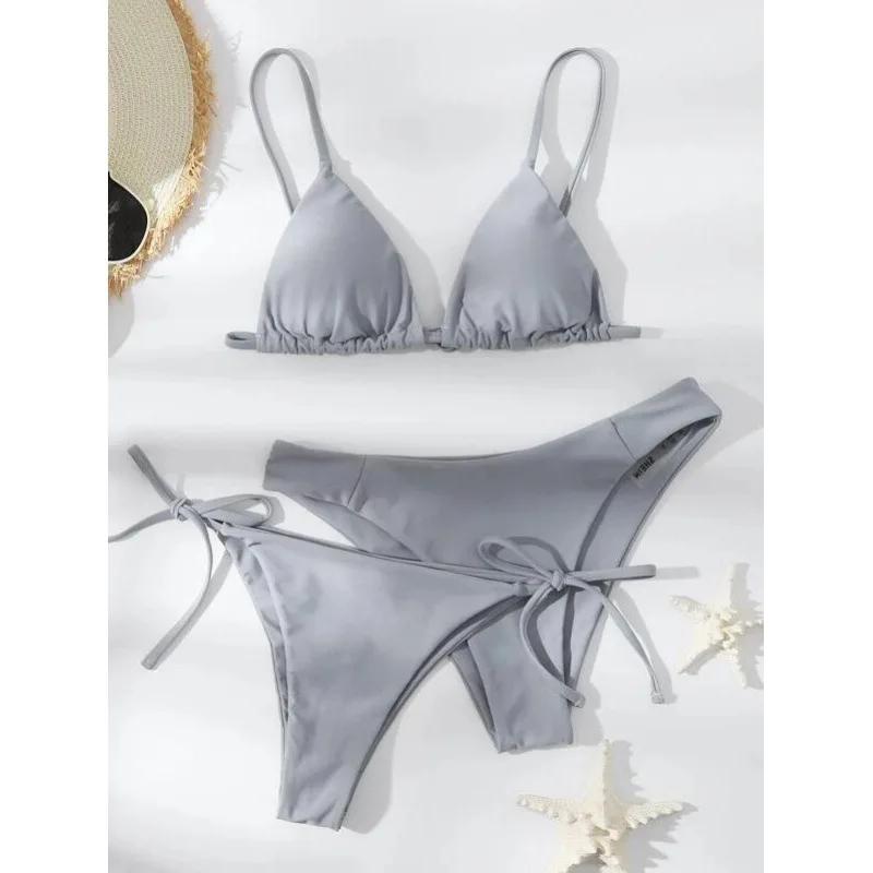 Sexy 3 Piece Bikini Set Women Solid Blue Purple Push Up Bandage Triangle Swimsuit Brazilian Beach