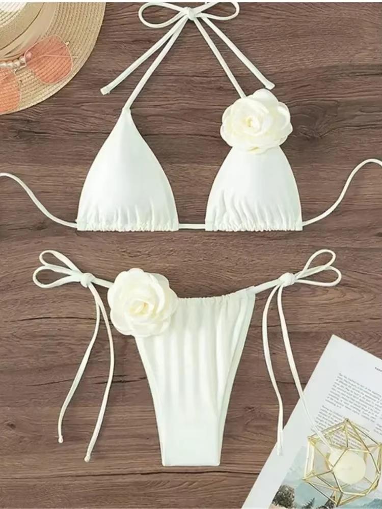 Sexy Flower Bandeau Swimwear Thong Bikini Women Lace-up Swimsuits Swimming Bathing Suit Brazilian