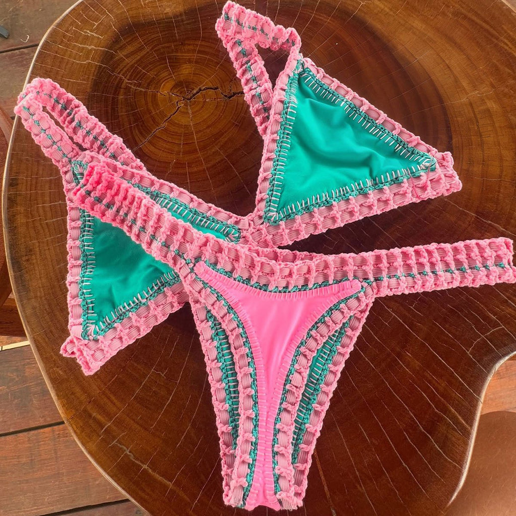 Pink Crochet Bikini 2026 Sexy Women Swimsuit Female Swimwear Micro Bikini Set Bandeau Swimming Suit