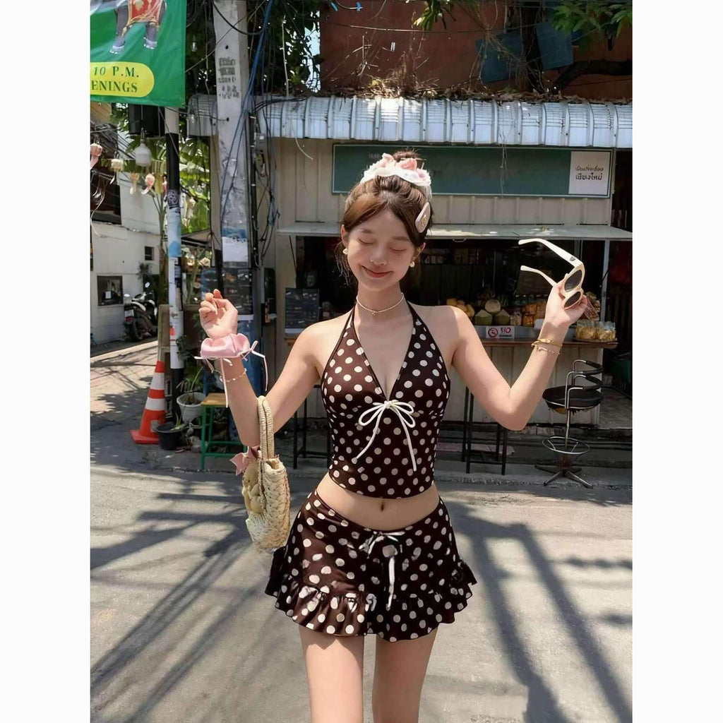 Kawaii Polka Dot Bikini Set Women Japanese Y2K Vintage Halter Neck Tops Mini Skirt Cute Casual