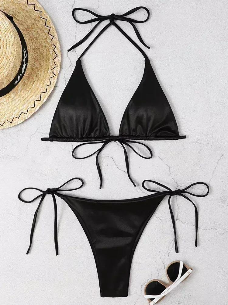Halter Brazilian Metallic Satin Bikini Women Swimwear Female Swimsuit Two-pieces Bikini Set High Cut