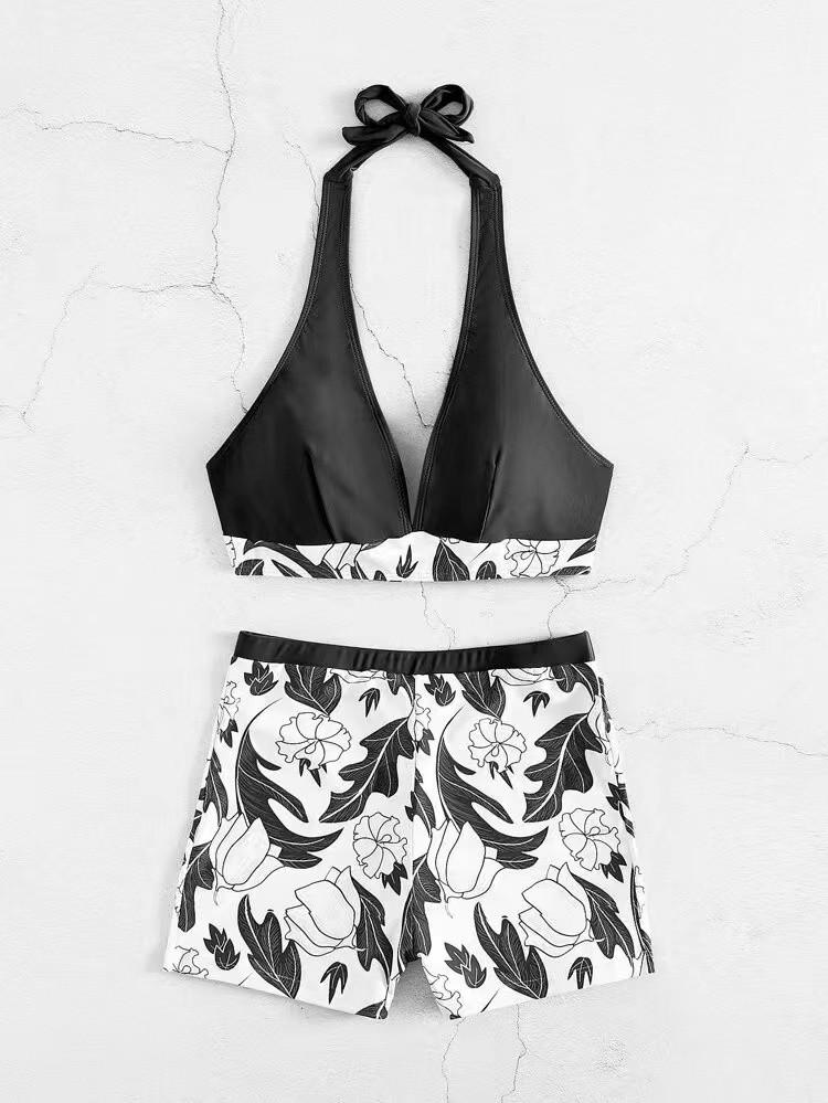 2026 Halter Bikini Set Short Swimsuit Women High Waist Swimwear Female Printed Bathers Swimming