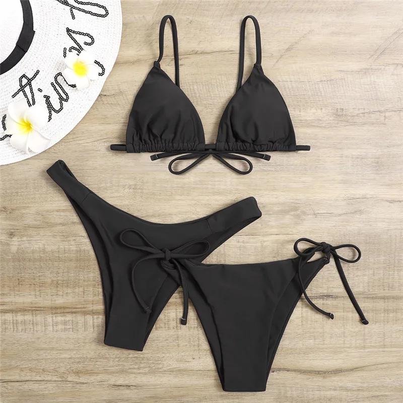Sexy 3 Piece Bikini Set Women Solid Blue Purple Push Up Bandage Triangle Swimsuit Brazilian Beach