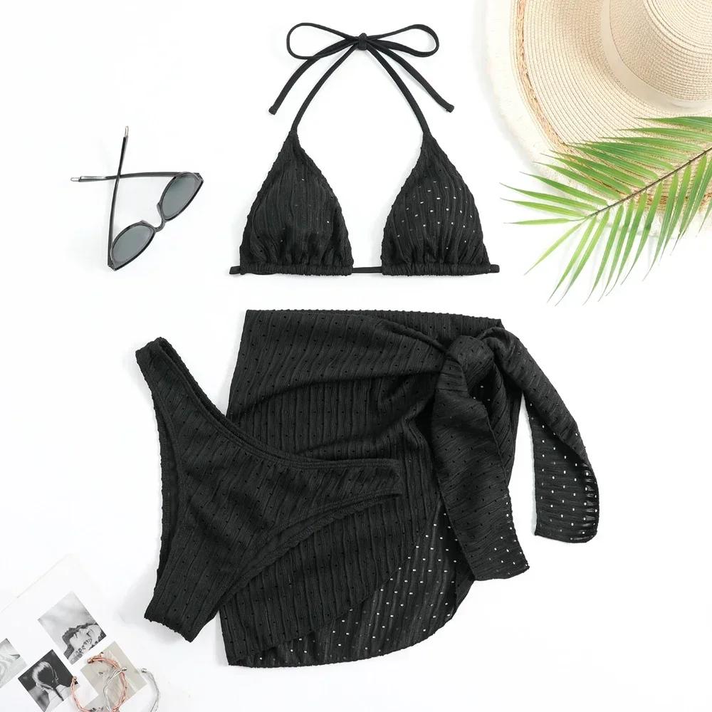 Trendy Women's 3 Piece Halter Bikini Set Sexy Thong Swimsuit Summer Bathing Suit Cover Up Thong