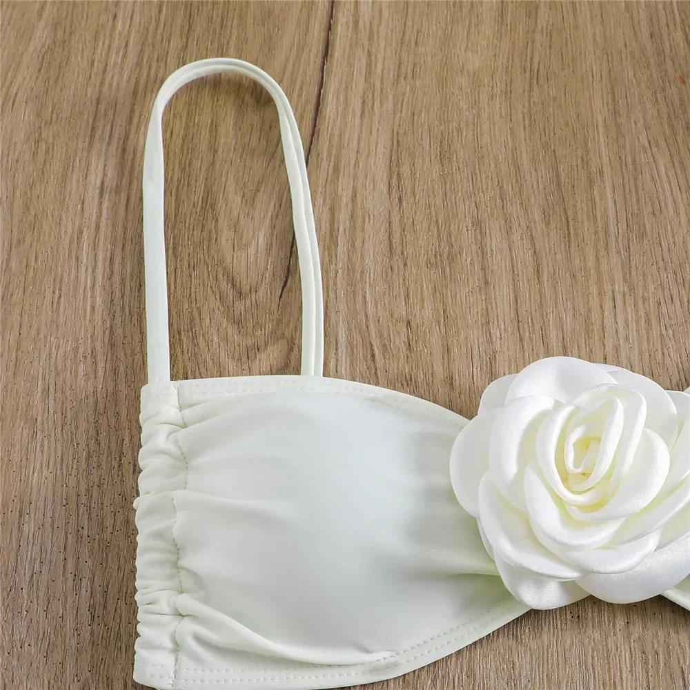 Sexy Flower Bandeau Swimwear Thong Bikini Women Lace-up Swimsuits Swimming Bathing Suit Brazilian