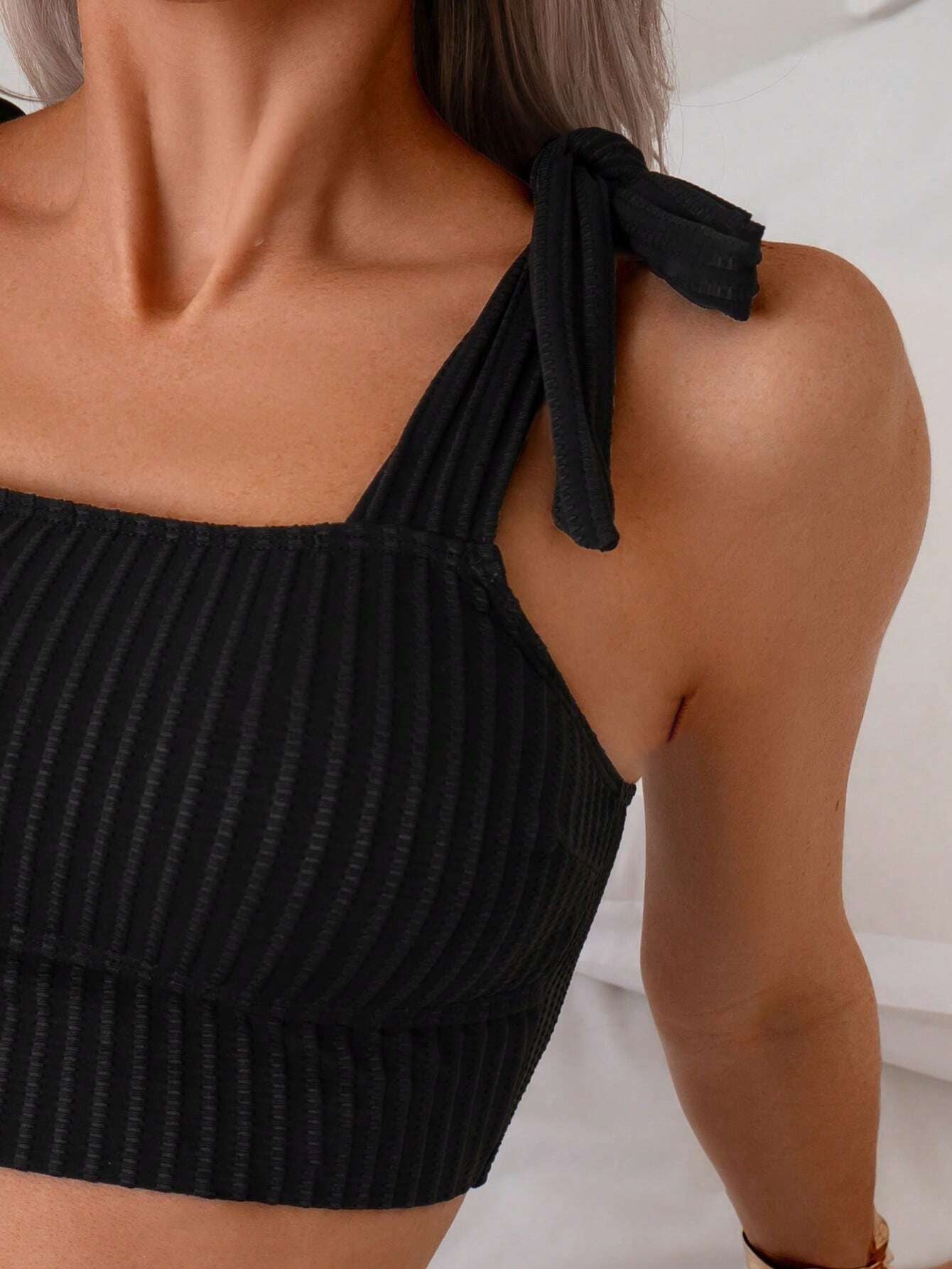 Sexy Black Bikini Set 2026 Women Tie Strap Ribbed Push Up Bra High Waist Swimsuit Summer Holiday