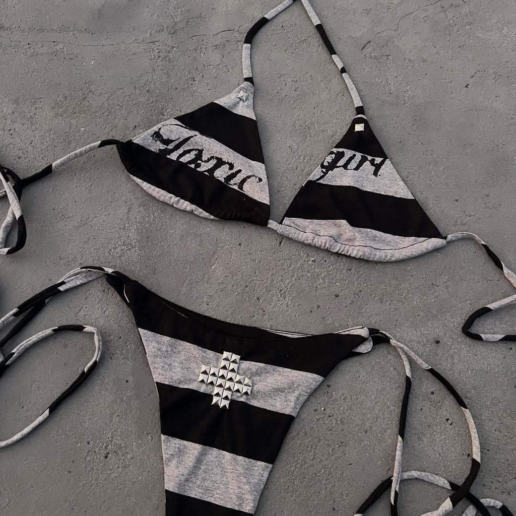 Black Grey Stripe Bikini Set Women 2026 "Toxic Girl" Graphic Studded Cross Halter Neck Y2K Aesthetic