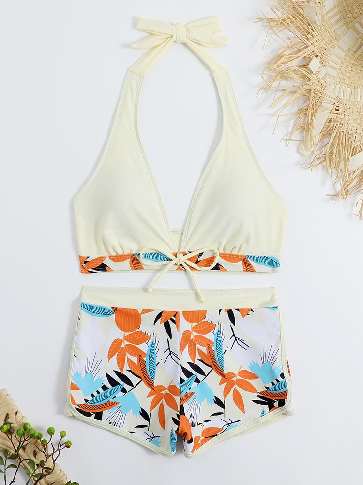 2026 Halter Bikini Set Short Swimsuit Women High Waist Swimwear Female Printed Bathers Swimming