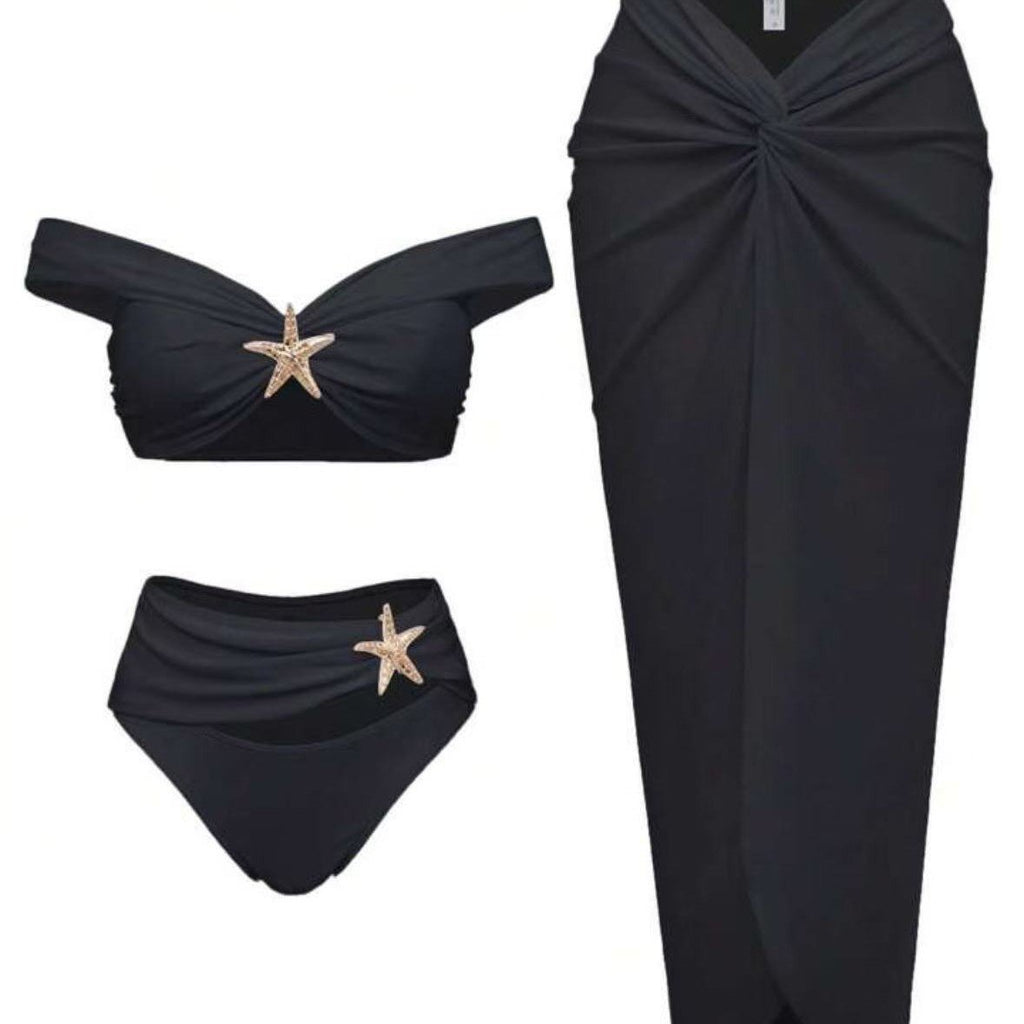 Women's Sexy Bikini Set Beachwear Metallic Starfish Bikini Folds Long Skirts Three Piece Sets Hot
