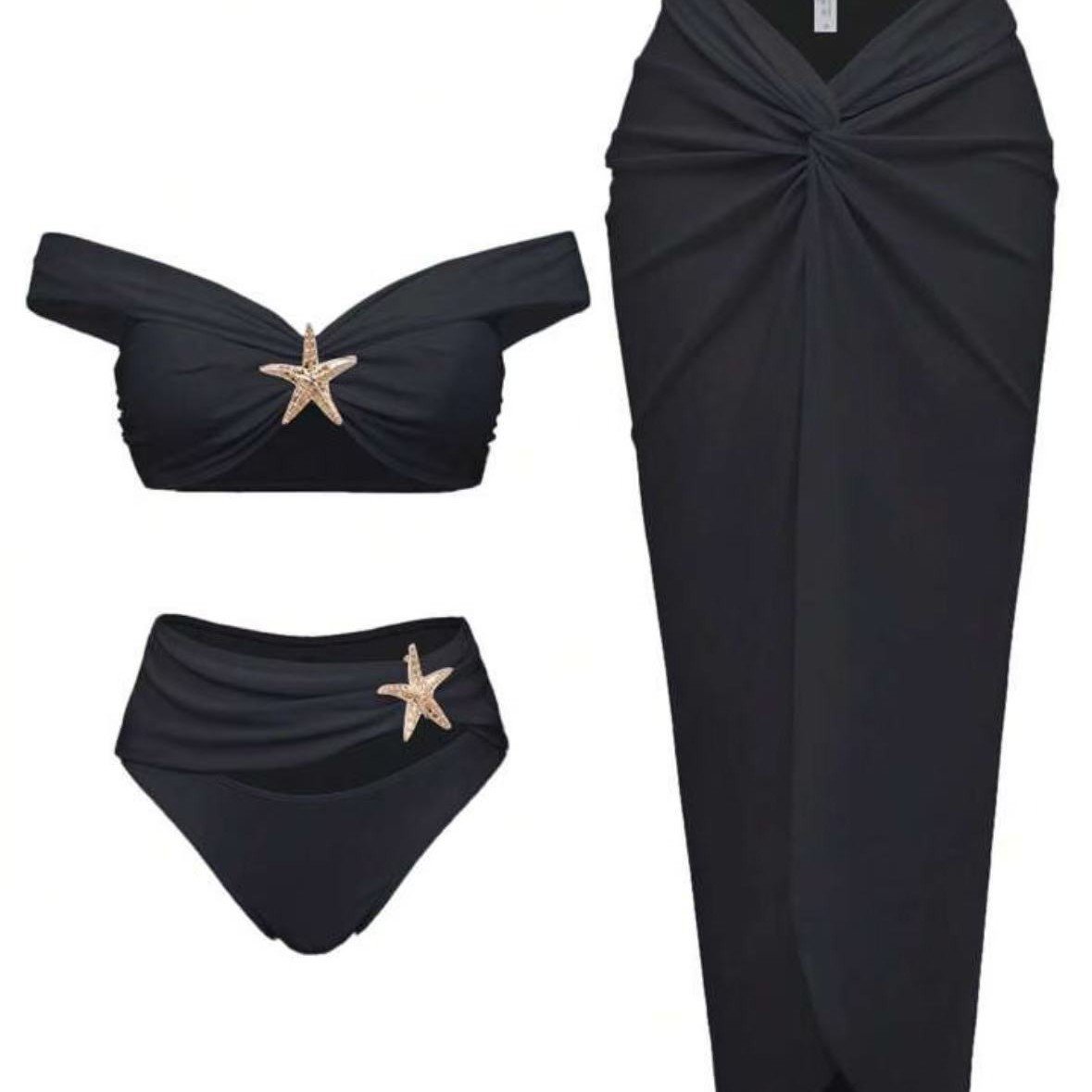 Women's Sexy Bikini Set Beachwear Metallic Starfish Bikini Folds Long Skirts Three Piece Sets Hot