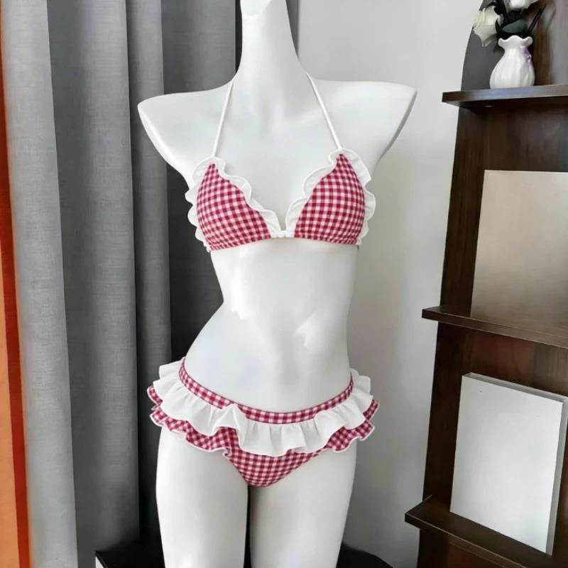 Kawaii Polka Dot Bikini Set Women Japanese Y2K Vintage Halter Neck Tops Mini Skirt Cute Casual