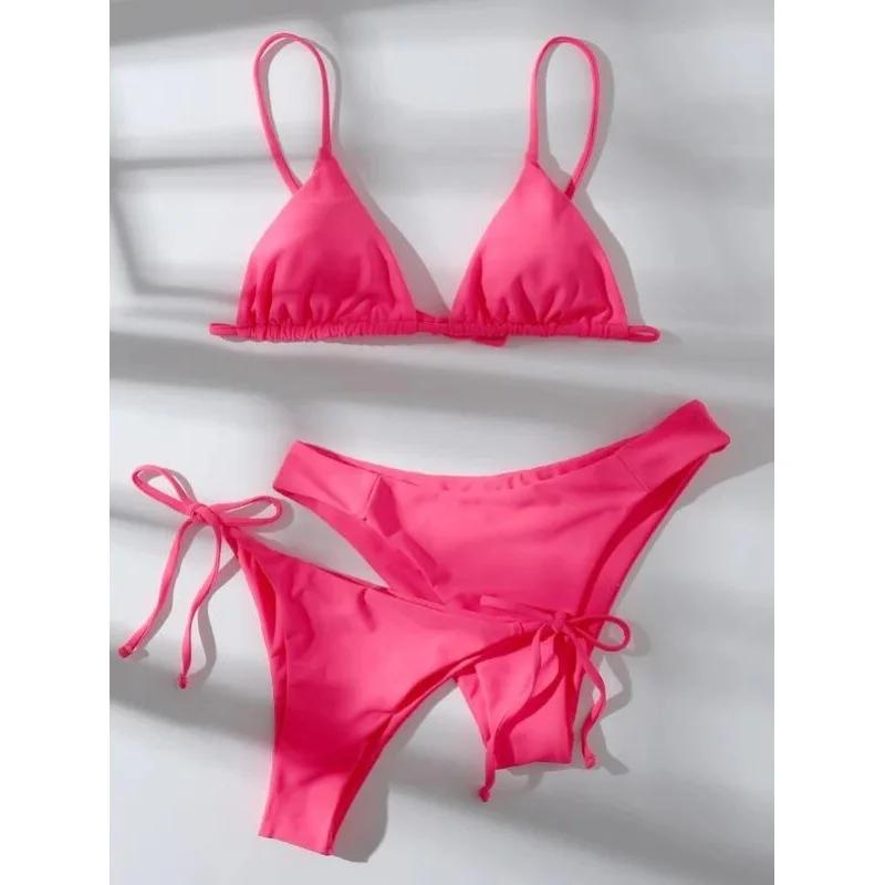 Sexy 3 Piece Bikini Set Women Solid Blue Purple Push Up Bandage Triangle Swimsuit Brazilian Beach