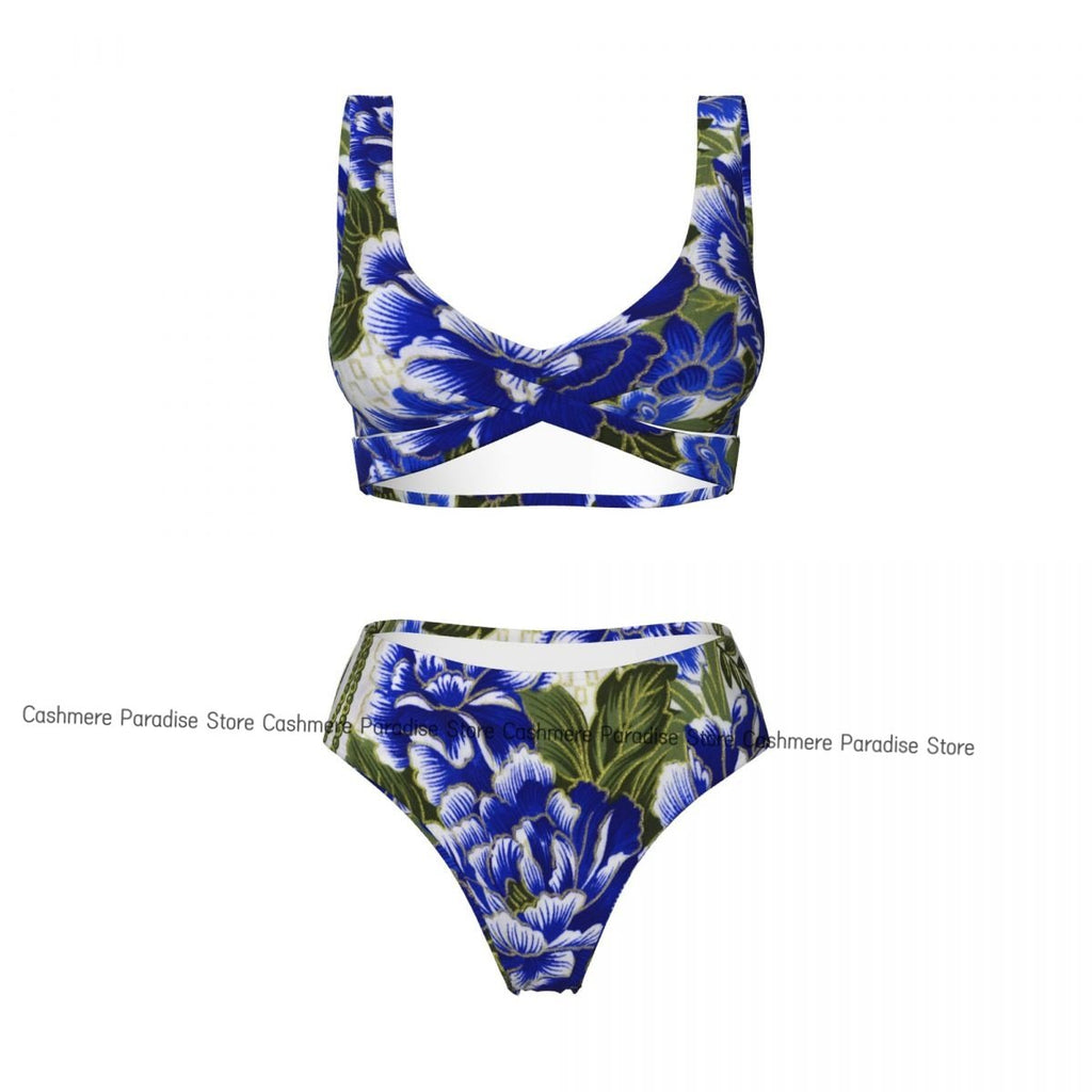 Chinese Flowers Pattern Women Bikini Set Swimsuit Push Up Female Swimwear Bathing Suit