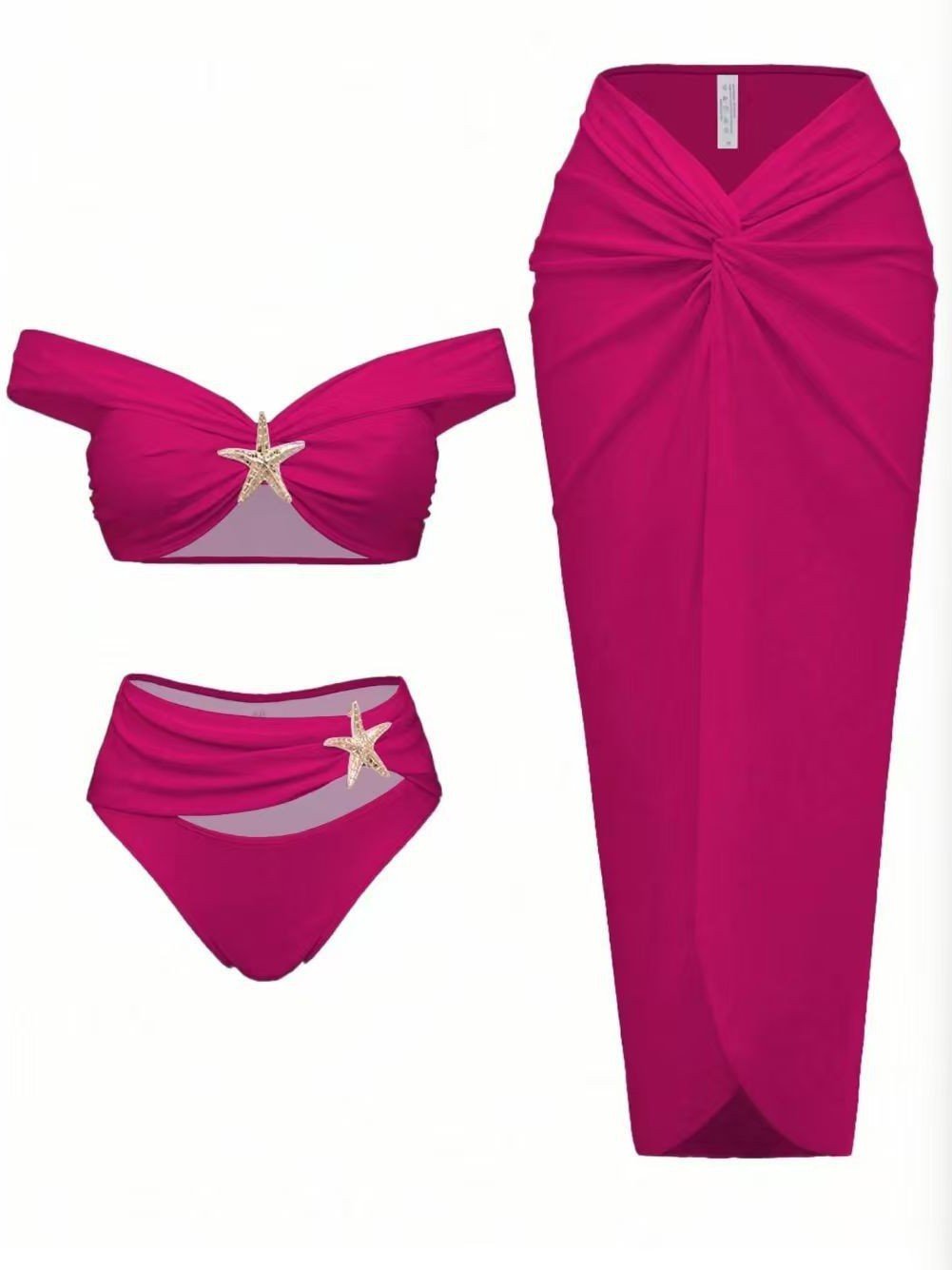 Women's Sexy Bikini Set Beachwear Metallic Starfish Bikini Folds Long Skirts Three Piece Sets Hot