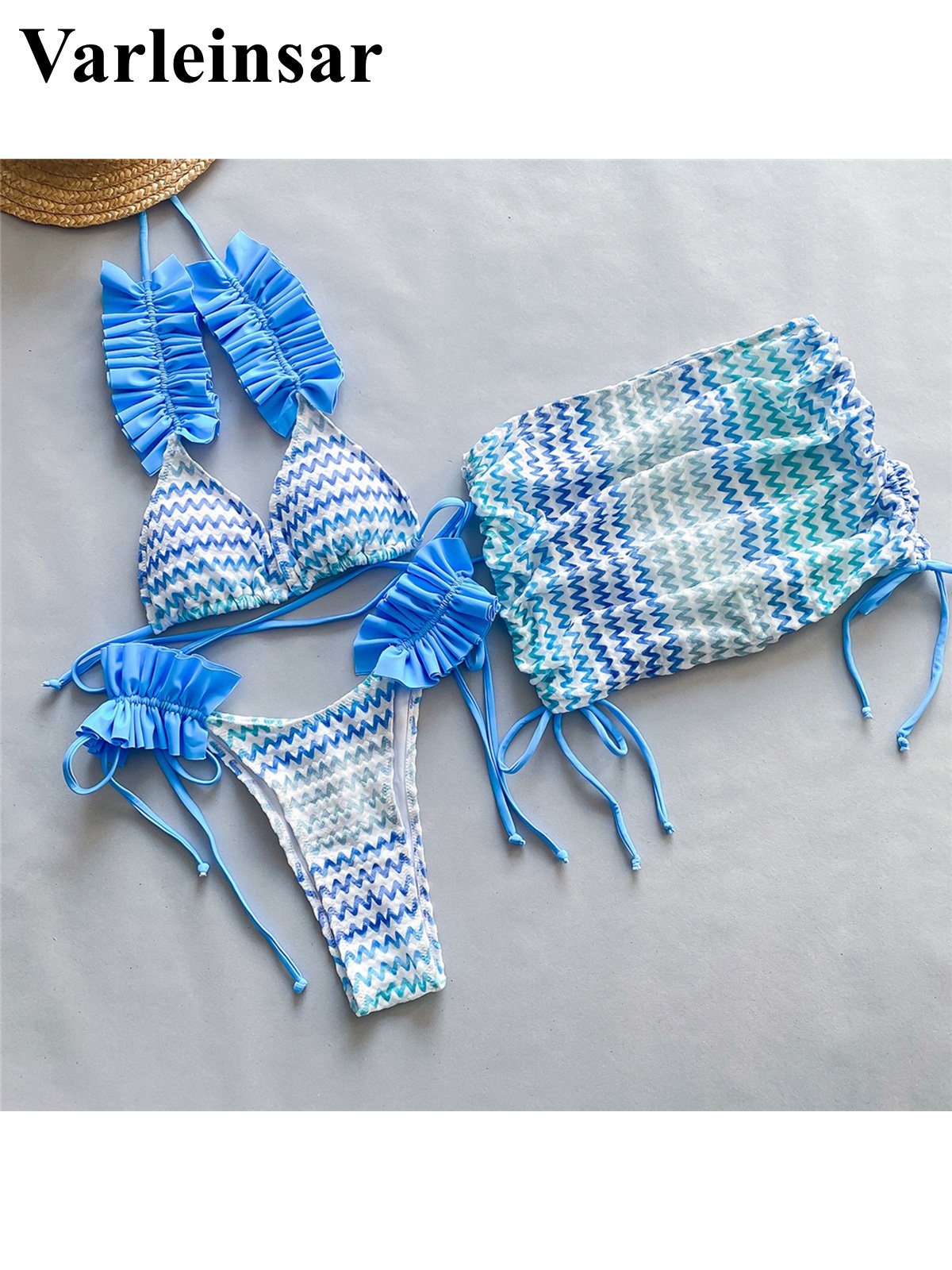 With Skirt Waved Ruffled Frilled Bikini Female Swimsuit Women Swimwear Three-pieces Bikini set