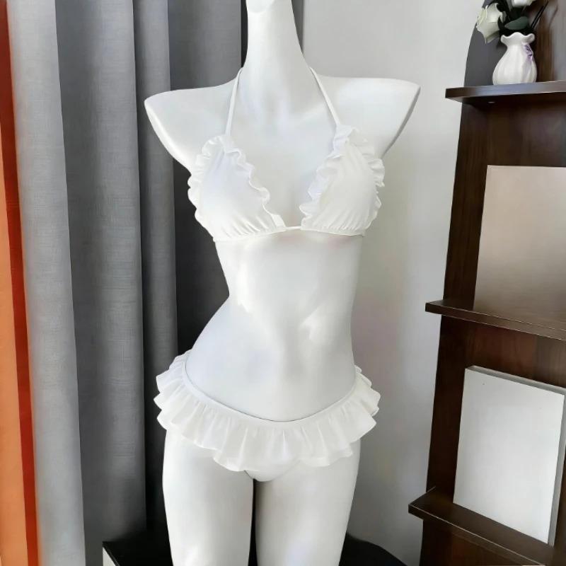 Kawaii Polka Dot Bikini Set Women Japanese Y2K Vintage Halter Neck Tops Mini Skirt Cute Casual