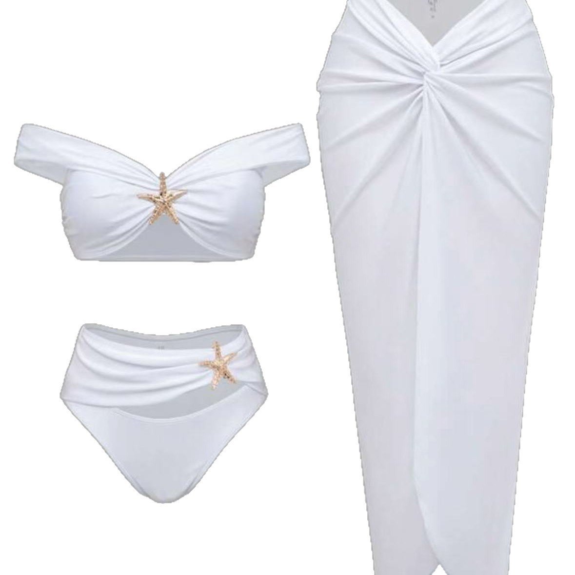 Women's Sexy Bikini Set Beachwear Metallic Starfish Bikini Folds Long Skirts Three Piece Sets Hot