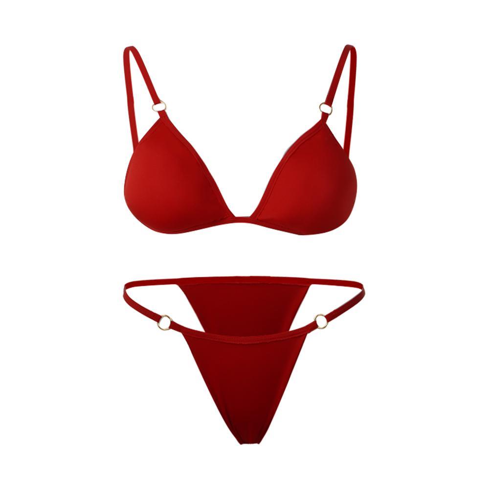 Ladies Sexy Solid Color Sling Bikini Set Metal Buckle Decorated Brazilian Swimwear Beach Vacation