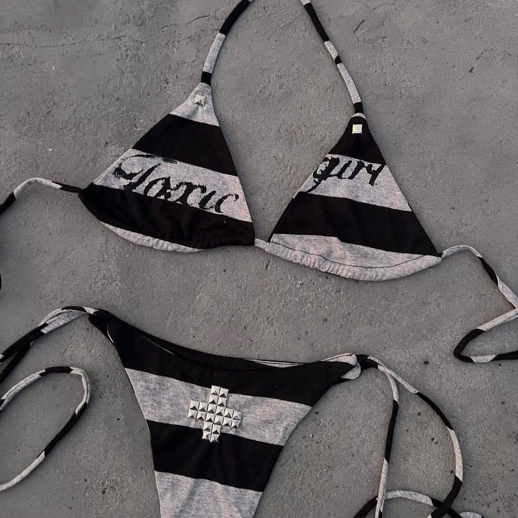 Black Grey Stripe Bikini Set Women 2026 "Toxic Girl" Graphic Studded Cross Halter Neck Y2K Aesthetic