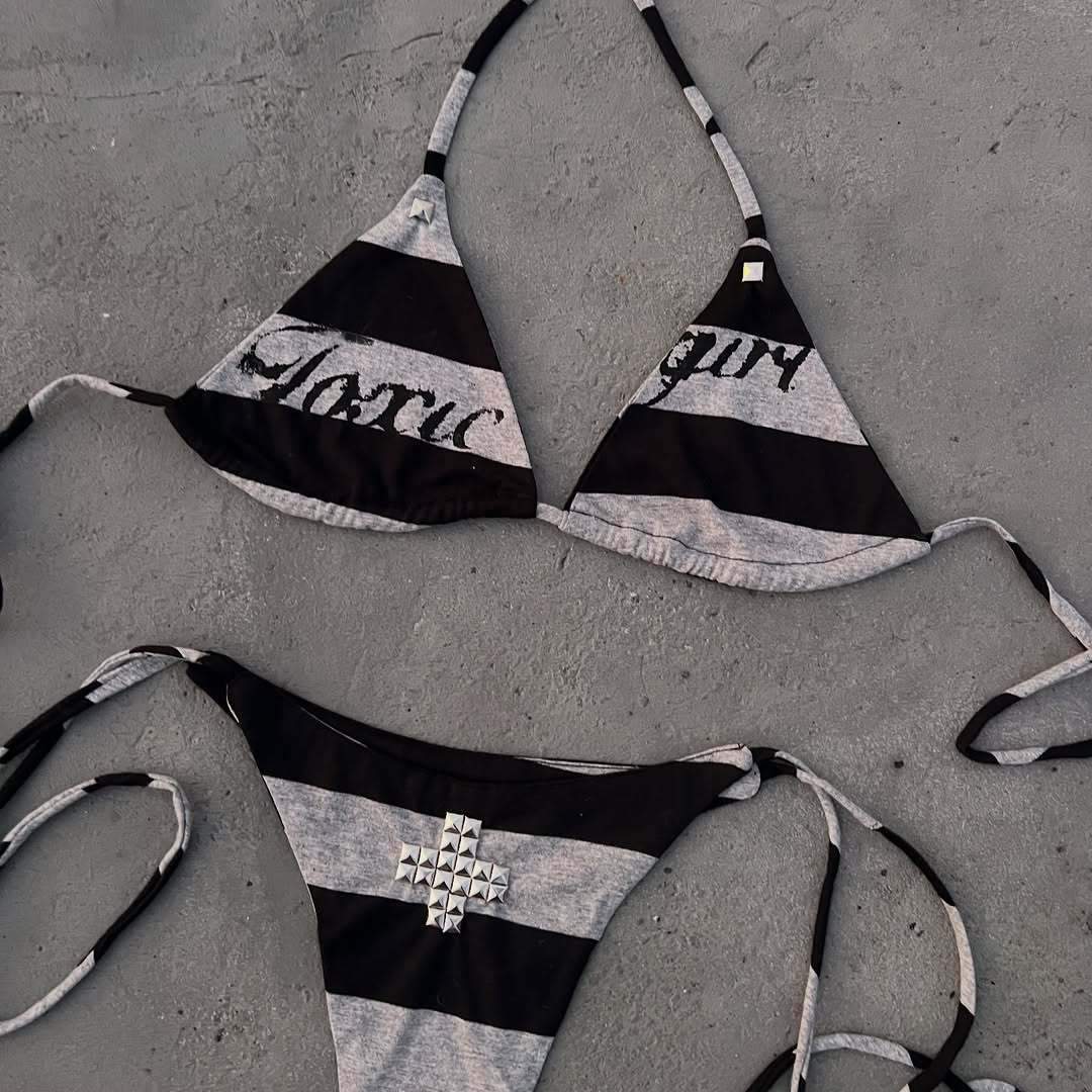 Black Grey Stripe Bikini Set Women 2026 "Toxic Girl" Graphic Studded Cross Halter Neck Y2K Aesthetic