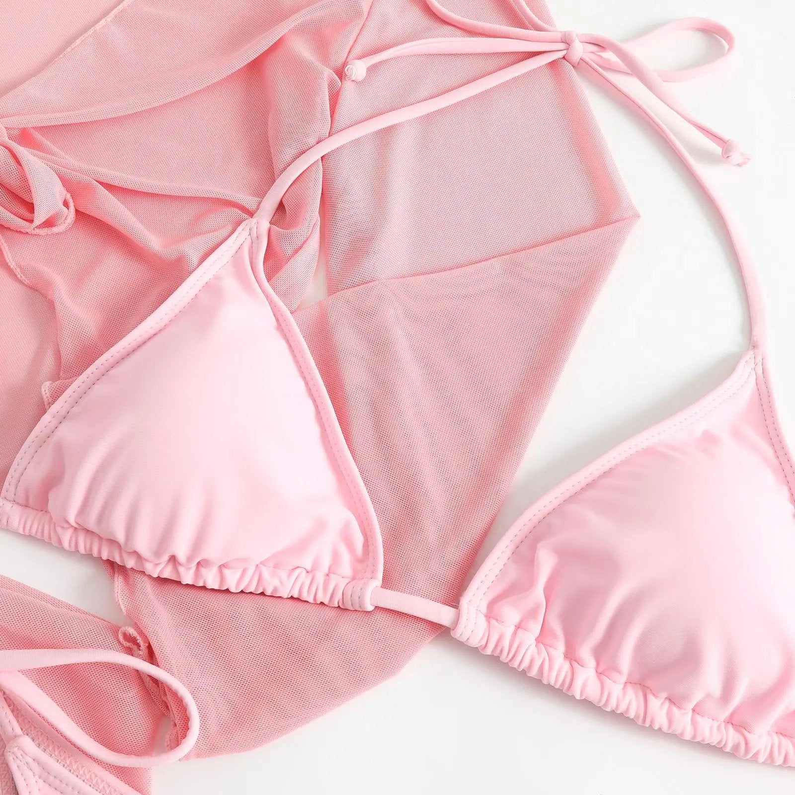 Women pink micro mini string bikini sets 4 pieces with mesh cover tops and skirt swimsuit bathing