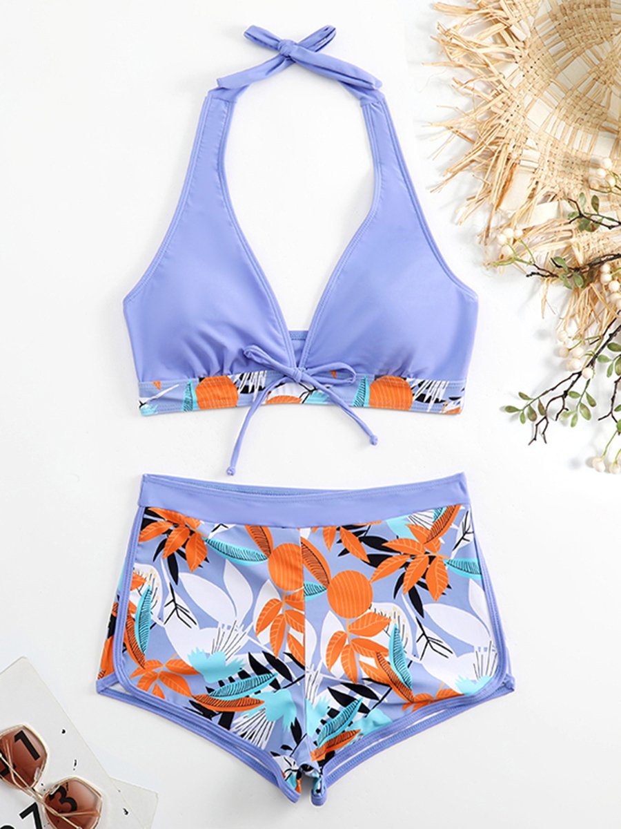 2026 Halter Bikini Set Short Swimsuit Women High Waist Swimwear Female Printed Bathers Swimming