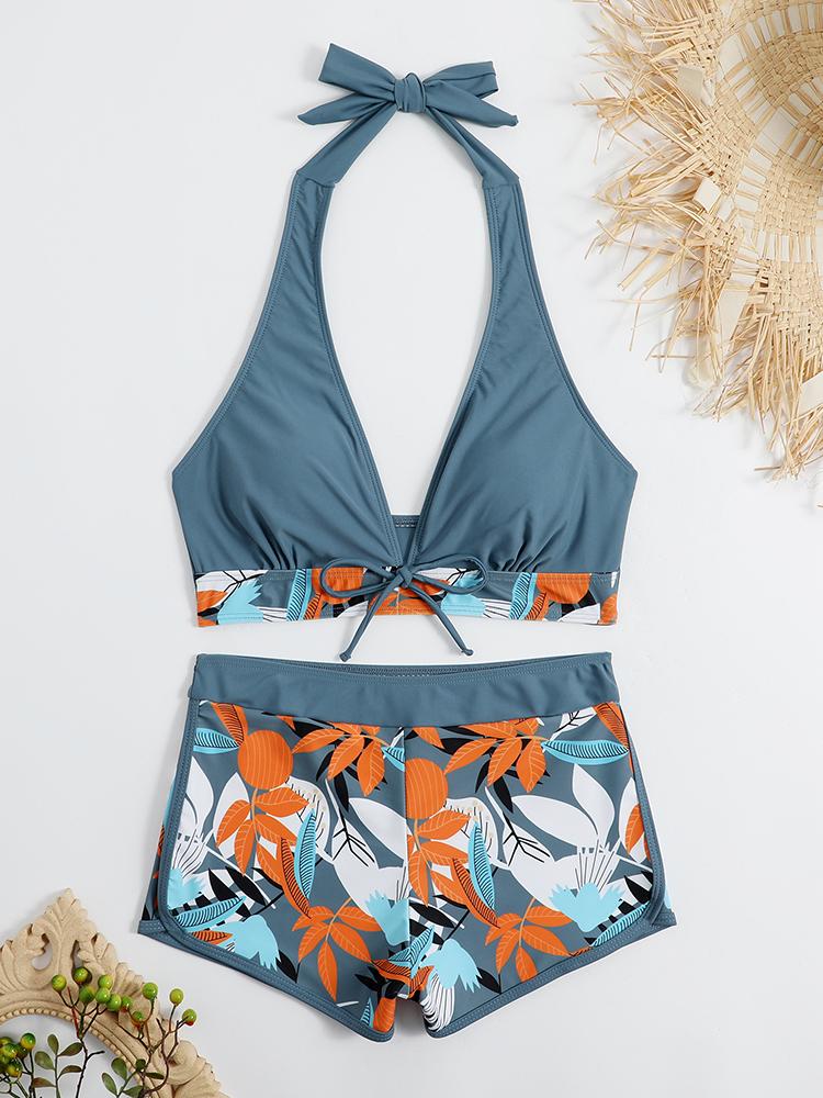 2026 Halter Bikini Set Short Swimsuit Women High Waist Swimwear Female Printed Bathers Swimming