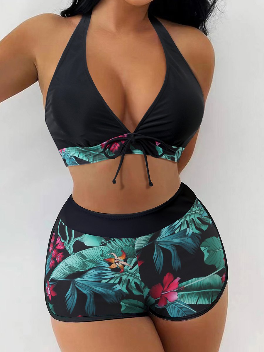 2026 Halter Bikini Set Short Swimsuit Women High Waist Swimwear Female Printed Bathers Swimming