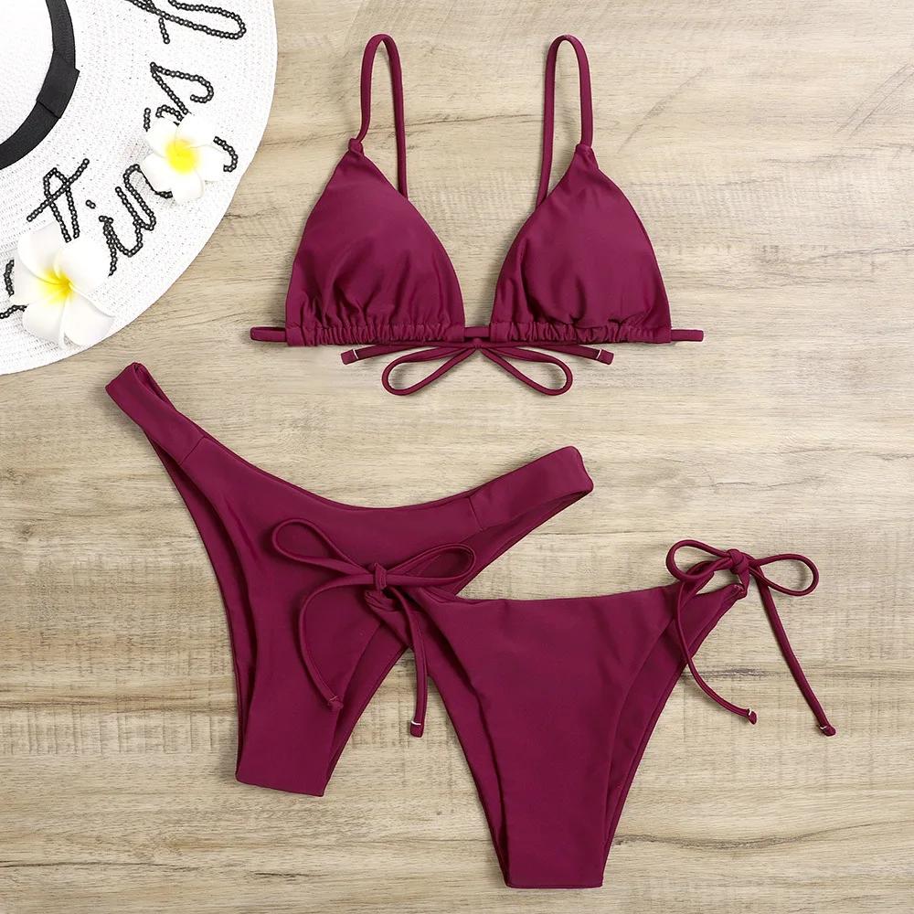 Sexy 3 Piece Bikini Set Women Solid Blue Purple Push Up Bandage Triangle Swimsuit Brazilian Beach